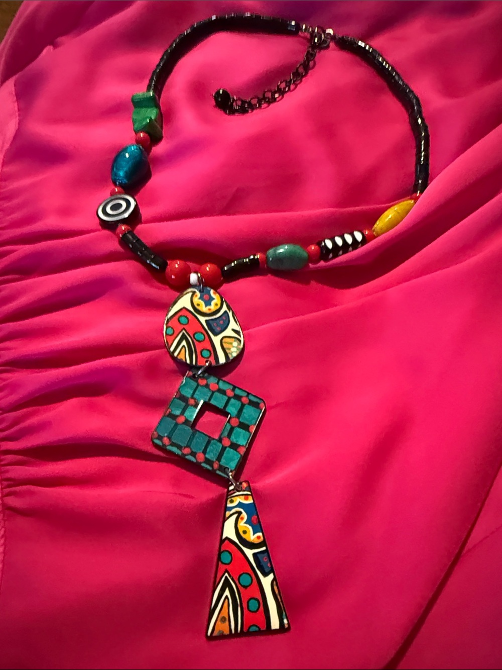 Hand-Painted Multicolor Pendant Necklace with Teal Accents - Picture 4 of 5
